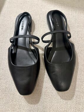 Vince Black Leather Square-Toe Slingback Flats with Thin Strap